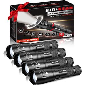 HinsGEAR 1 Mode Flashlights 4 Pack, Bright Zoomable LED Tactical Flashlight High Lumens, Water Resistant Portable Pocket Flash Light for Emergency, Camping Essentials, Gift - SL2000 (Black)