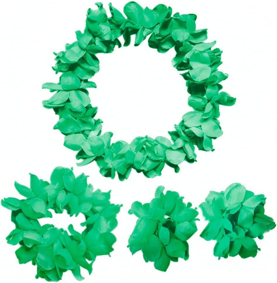2 x CISMARK Hawaiian Luau flower Leis Jumbo necklace bracelets headband set (Green)