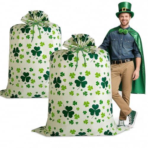 2 Pcs Large St Patricks Gift Bags,St Patricks Day Bag for Gifts 37" x 57" Plastic Gifts Bags with Gift Tags,Ropes,Jumbo Green Shamrock Present Bag for Saint Patrick's Day Decorations Home Birthday Party
