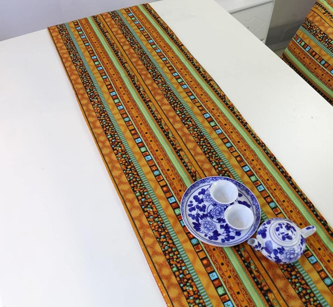 Farmhouse Table Runner, Brown Wedding Table Runner Southeast Asian Style Retro Stripes with Tassels Cotton Linen Table Runner    11x17.5