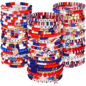 Landical 64 Pieces 4th of July Beaded Bracelets Patriotic Red White and Blue Bracelets American Flag USA Stackable Clay Stretch Friendship Beaded Jewelry Outfits for Women Accessories