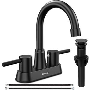 Black Bathroom Faucet 3 Hole, Bathroom Faucets for Sink 3 Hole, Bathroom Sink Faucet, 4 Inch 2 Handle Centerset, Lead-Free, with Copper Pop Up Drain (Matte Black)