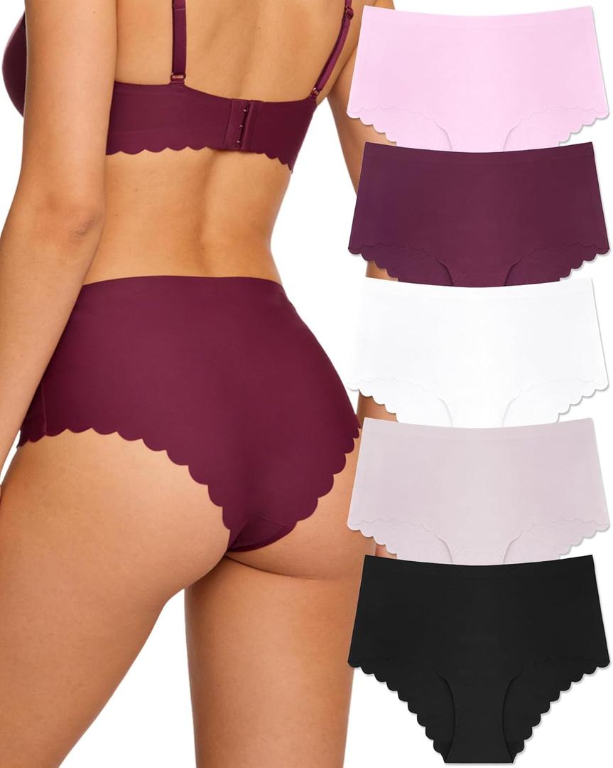 FINETOO Seamless Underwear for Women High Waisted Panties Scalloped Edge Sexy Cheeky Bikini No Show Briefs 5 Pack, L