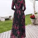 MEROKEETY Women's Long Sleeve Spring Wedding Guest Dress 2026 Crewneck Floral Flowy Mesh Cocktail Maxi Dresses (M)