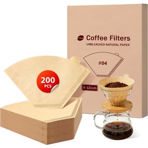 200 Count Coffee Filters #4, Disposable Cone Coffee Filters 8-12 Cup, Unbleached Natural Paper Size 04 Paper Filters for Pour Over and Drip Coffee Maker
