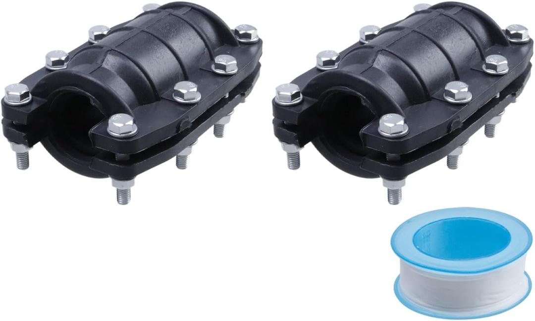 2 Pcs 1" Pipe Repair Clamp Leak Sealer, Emergency Pipe Repair Kit | Fitting for PE/PVC Pipe Repair, Steel Pipes, Iron Pipes, 1 15mm Roll of Raw Material Tape of Length 6 Meters