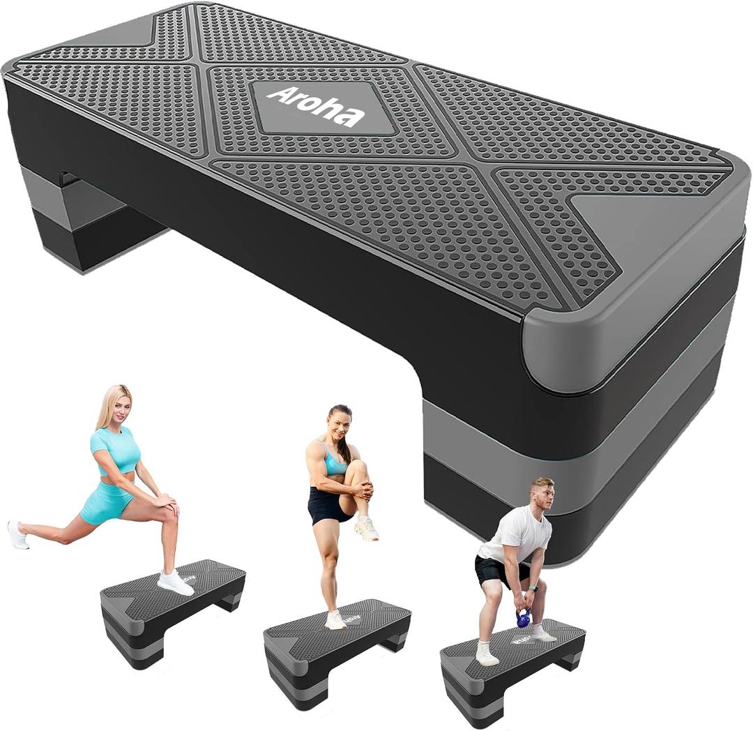 Aroha Aerobic Step Platform, Non Slip Adjustable Height Step Trainer, Grey | Non Slip Adjustable Height Exercise Step Trainer, Home Gym Cardio Workout Equipment for Men Women Beginner to Professional, Gray