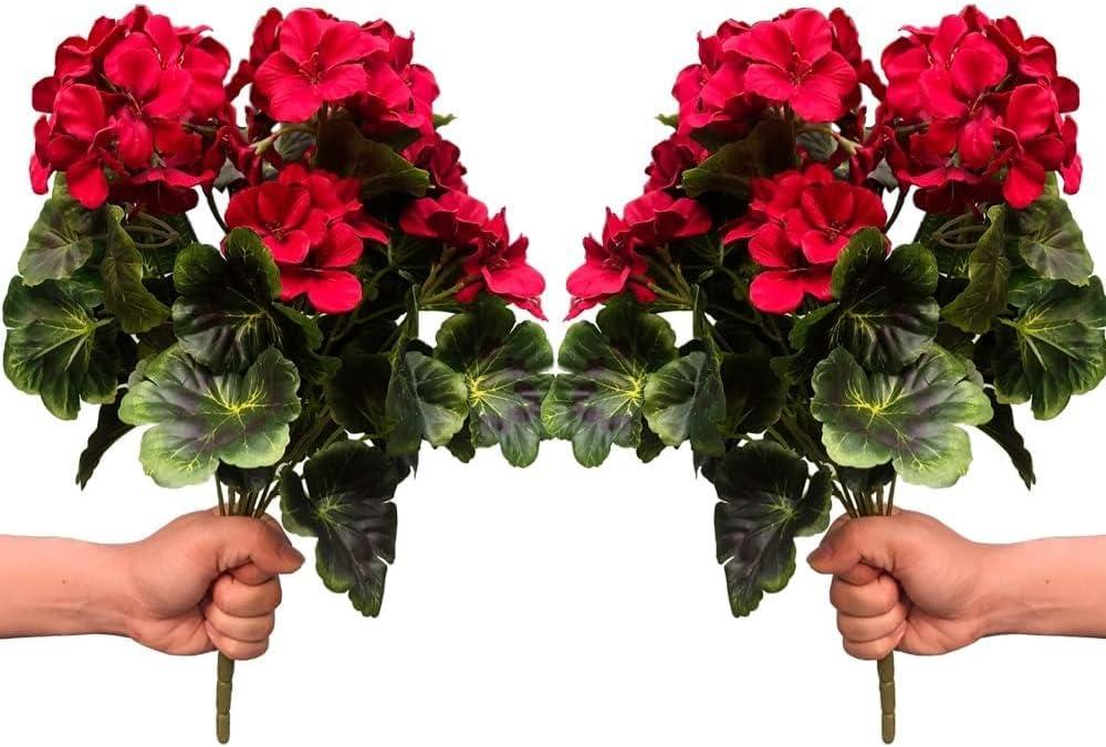 Artificial Geranium Silk Flower Bush Red 19 Inches Faux Geranium Flowers Plant for Outdoor Planter Home Patio Garden Decoration Set of 2