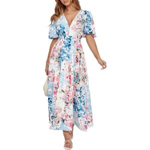 Maxigerui Women's Summer Floral Maxi Dress Spring Wedding Guest Dress 2026, Size S (Pink Blue Multi Floral)