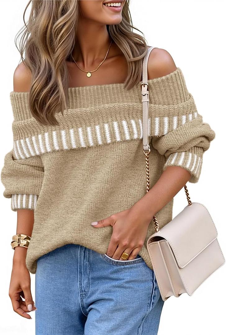 MEROKEETY Women's Fall Off Shoulder Knit Sweater Striped Pullover Tops (Beige, L)