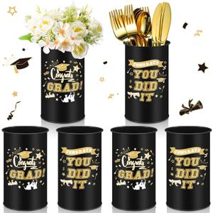 Domensi 6 Pcs 2025 Graduation Table Centerpiece Vase Decorations Class of 2025 Galvanized Metal Tin Vases for Artificial Flowers Grad Caps Cutlery Utensil Holder for Party Supplies Gifts(Black)