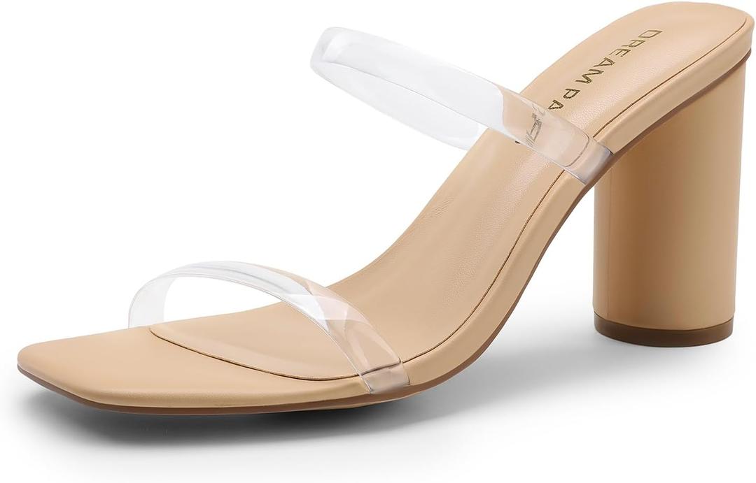 DREAM PAIRS Women's Square Open Toe Block Heels Two Strap Slip On High Heeled Slides Sandals (11, Clear)