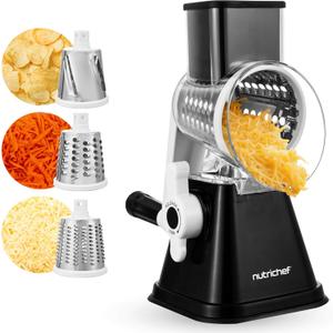 Nutrichef 3 in 1 Cheese Grater & Shredder | Strong Suction Base, Rotary Handle with Safety Lock | Includes Hand Crank & 3 Drum Blades for 3 Textures, Fine, Medium & Strips | Black