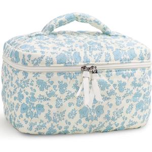 Prite Large Makeup Bag Cute Cosmetic Bag for Women Floral Coquette Aesthetic Toiletry Bag Travel Make Up Organizer Bag(Blue Flower)