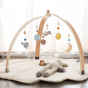 Wooden Baby Gym Foldable Baby Play Gym Frame Activity Center Hanging Bar with 6 Toys for Sensory Exploration and Motor Skill Development，Newborn Gift for Girls Boys（Without Play Mat）