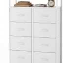 OLIXIS 8 Drawers Fabric Dresser, Raised Shelf Tall Chest of Drawers, White, 31.5"D x 45.9"W x 11.8"H