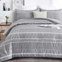 WONGS BEDDING Grey Comforter Set Full, Soft Microfiber Reversible Gray Boho Striped Down Alternative Comforter Set for Full Bed - 3 Pieces (1 Comforter + 2 Pillowcases), Bedding Duvet Set 79"x 90"
