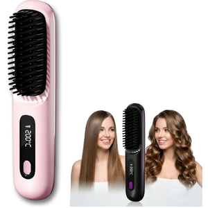 2026 Go Brush Pro for Short Hair, Portable Straightener Brushs for Travel, with LCD Temperature Display, Fast Heating Cordless Mini Hair Brushs Styling Tools (Pink)