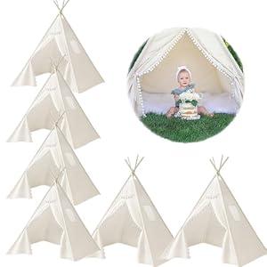 6 PCS Teepee Tent for Kids, Washable Tapered Kids Teepee Tent, Bohemian Teepee Tents, White Collapsible Sleepover Tents, for Boys and Girls Sleepover Pajamas Party Birthday SPA