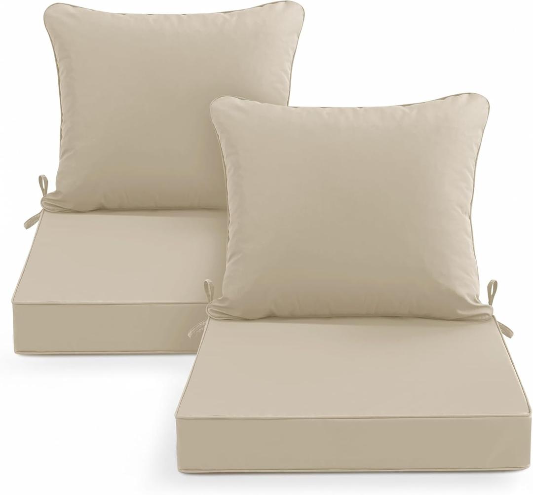 Outdoor Chair Cushions Set of 2, Waterproof Backrest and Deep Seat Cushion Set for Patio Furniture, Outdoor Sofa Replacement Cushions with Removable Cover, 24 x 24 Inch, Cream