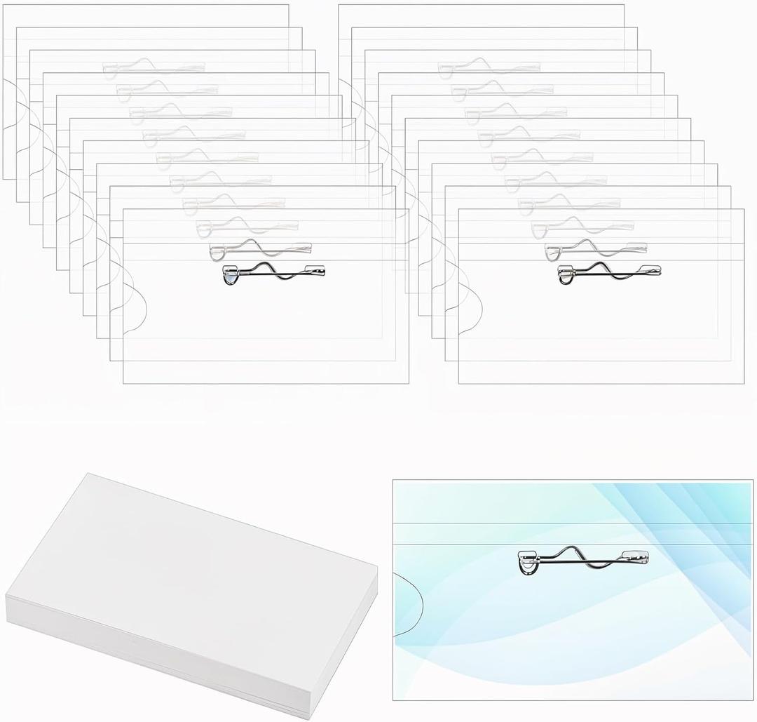 100Pcs Name Tags with Pins, Clear Plastic Name Tag Holder Horizontal Pin Style Name Badge Holders with 100Pcs Name Tag Inserts for Meeting Seminar Show Event Conference(3.5 x 2.2 Inch)