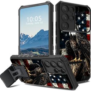 for Samsung Galaxy S25 Ultra Case with Stand & Camera Cover for Galaxy S25 Ultra Case Hybrid Dual Layer Heavy Duty Shockproof Protective Case for Samsung S25 Ultra 6.8",Bald Eagle With American Flag