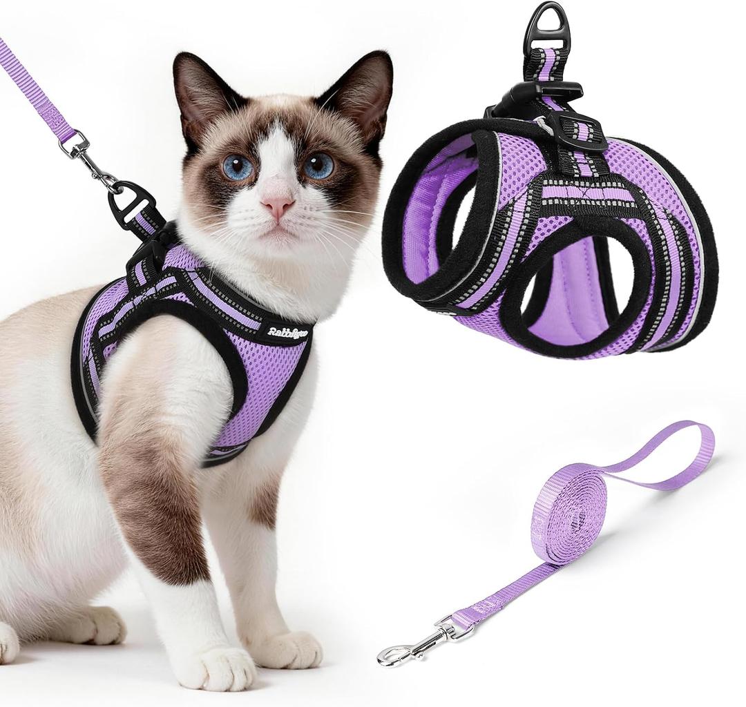 rabbitgoo Cat Harness and Leash Set for Walking Escape Proof, Adjustable Soft Kittens Vest with Reflective Strip for Cats, Comfortable Outdoor Vest, Light Purple, L