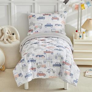 JHXHMX Car Toddler Bedding Set for Boys,4 Piece Bed-in-a-Bag Toddler Comforter Set,Soft Crib Bed Set Including Comforter,Flat Sheet,Fitted Sheet and Pillowcase-Gray