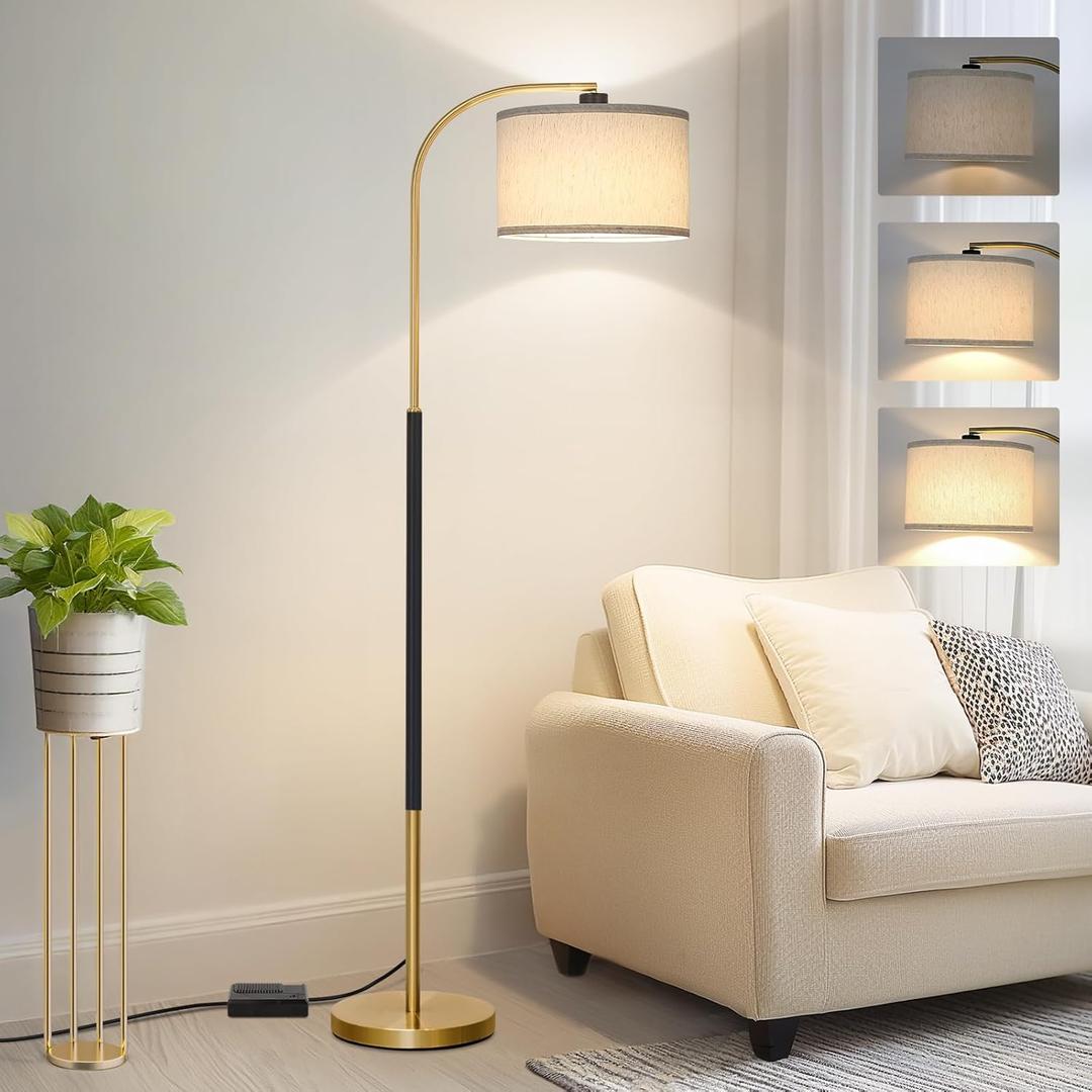 Dimmable Floor Lamp for Living Room, Arc Floor Lamps with Adjustable Drum Shade Pedal Switch, Black and Gold Tall Standing Lamp with 9W LED Bulb, Modern Reading Light Pole Lamp for Bedroom, Office