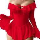 Sexy Lingerie for Women Rave Outfits Clubwear See Through Lingerie Sets Bell Sleeve Ruffle Mesh Tops (XX-Large, Red)