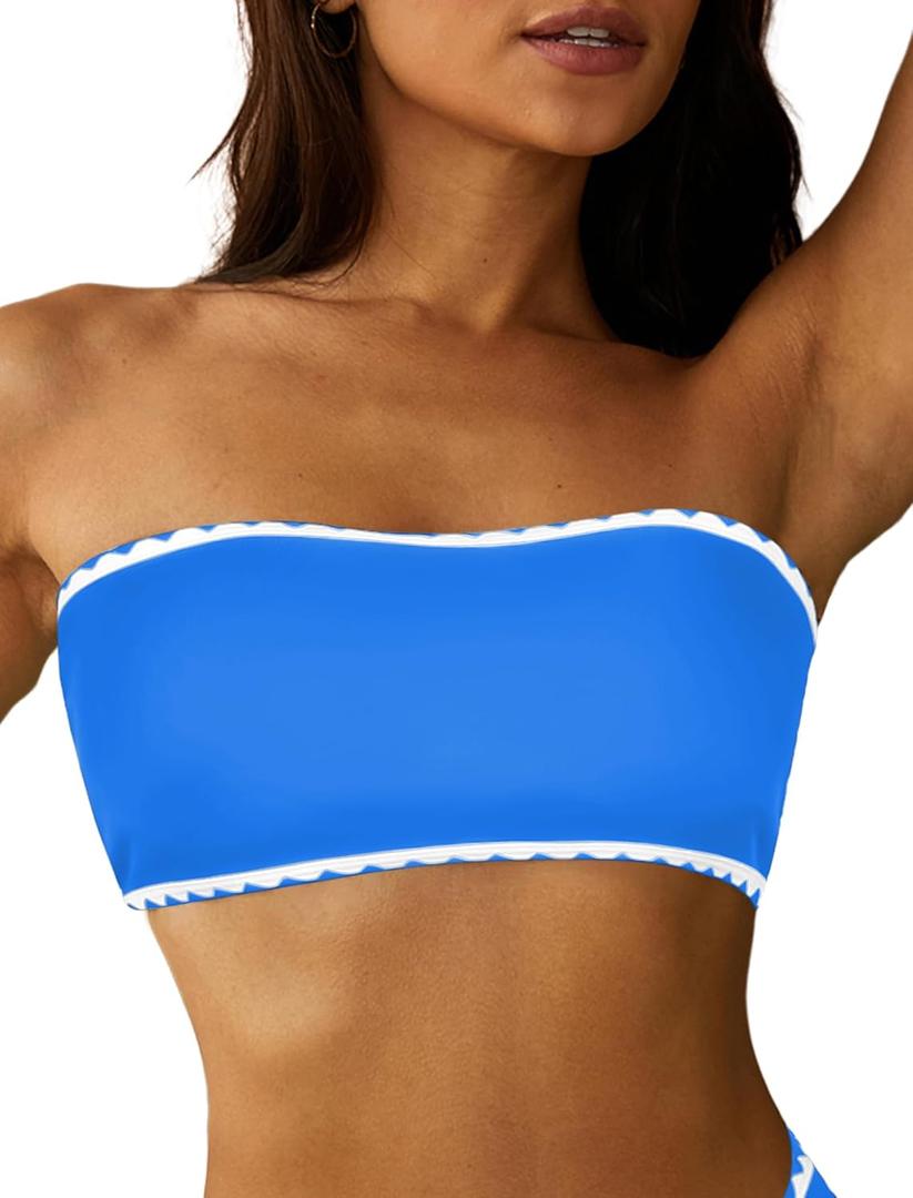 ZAFUL Women Textured Bandeau Bikini Top Lace up Strapless Swimsuit Solid Color High Cut Bathing Suits Top Only (Small, 1-2haze Blue)