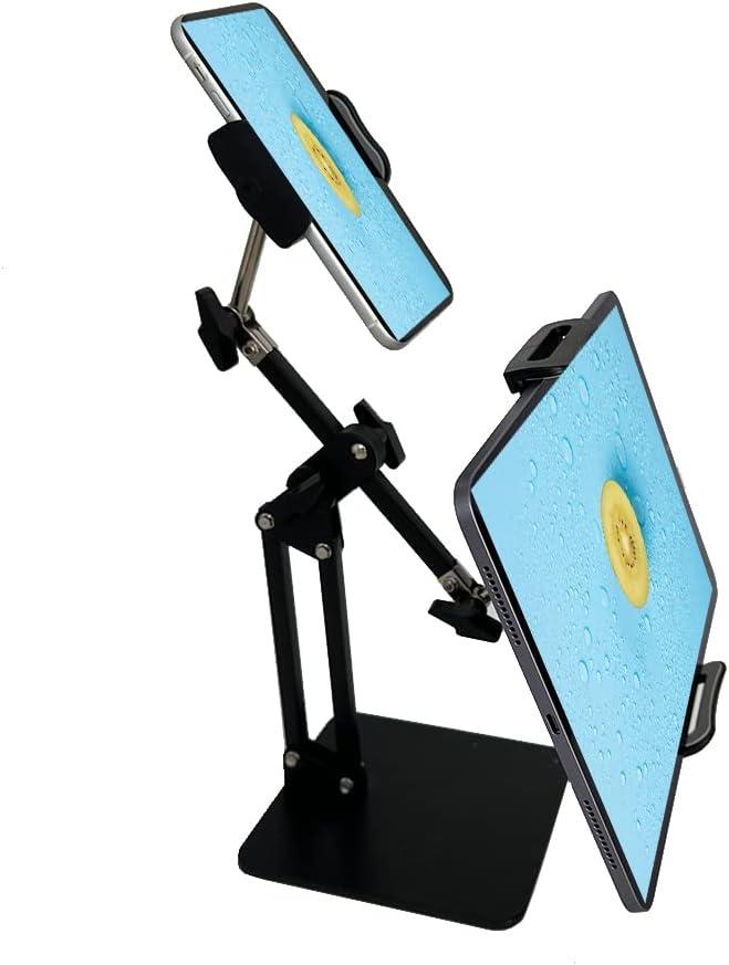 Phone and Tablet Stand with Dual Devices Holders, Universal 360 Swivel Tablet/Phone Holder Compatible iPad, iPhone, and Other 3.5~11 Devices, NOT for 13" iPad (Black)