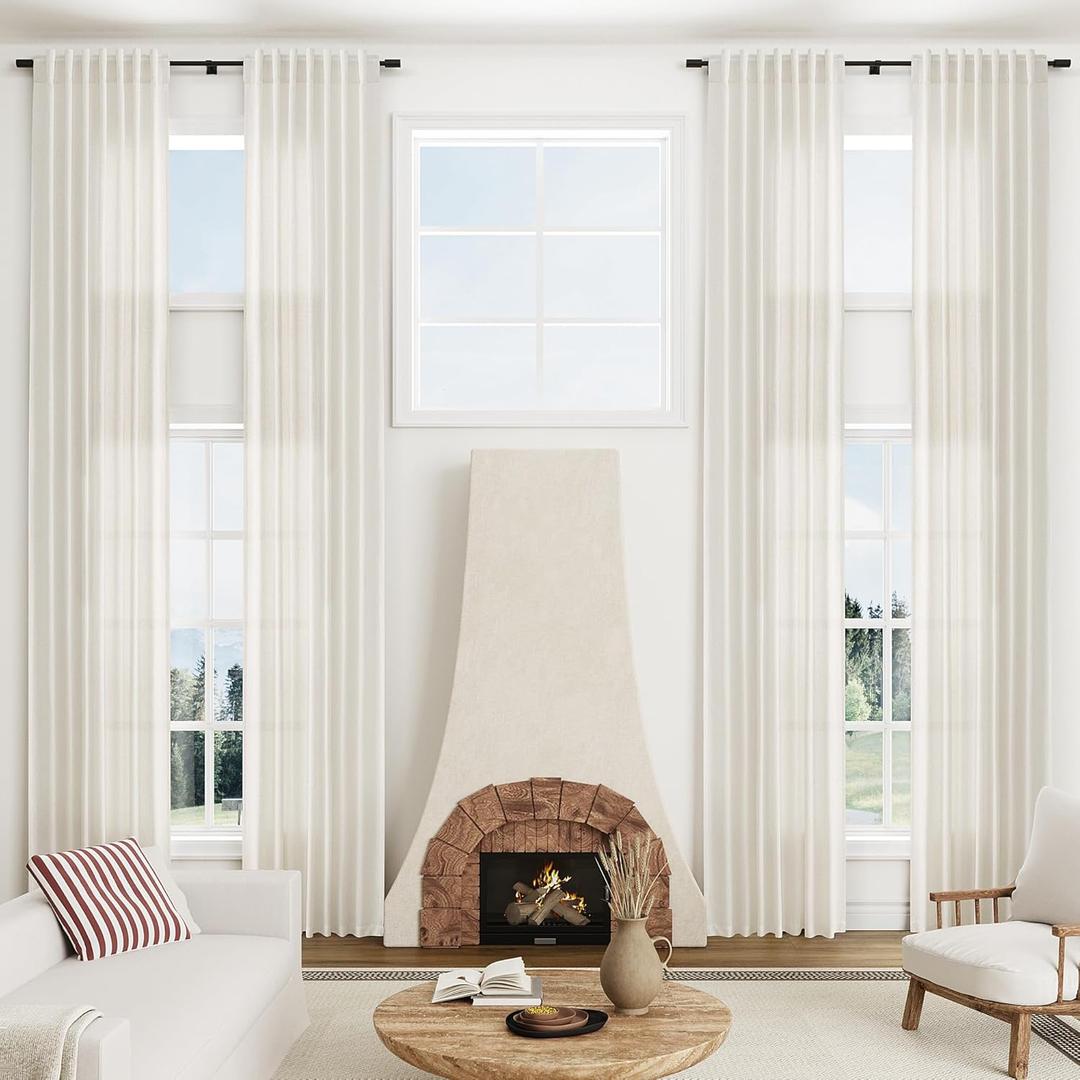 Nanspring Natural Extra Long Linen Curtains 140 Inches Long for Privacy with Rustic Light Filtering Back Tab High Ceiling Living Room Cream Curtain Bedroom for Large Windows W50 x L140, 2 Pieces