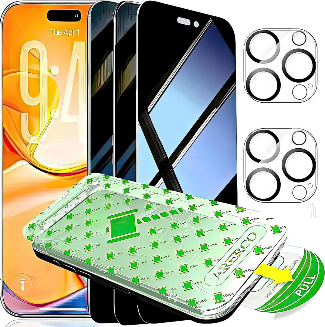 3 Pack for iPhone 16 Pro Max Privacy Screen Protector + 2 Camera Lens Protector 9H+ Tempered Full cover Glass 12FT Military Grade Shatterproof Anti Spy Auto Alignment Kit