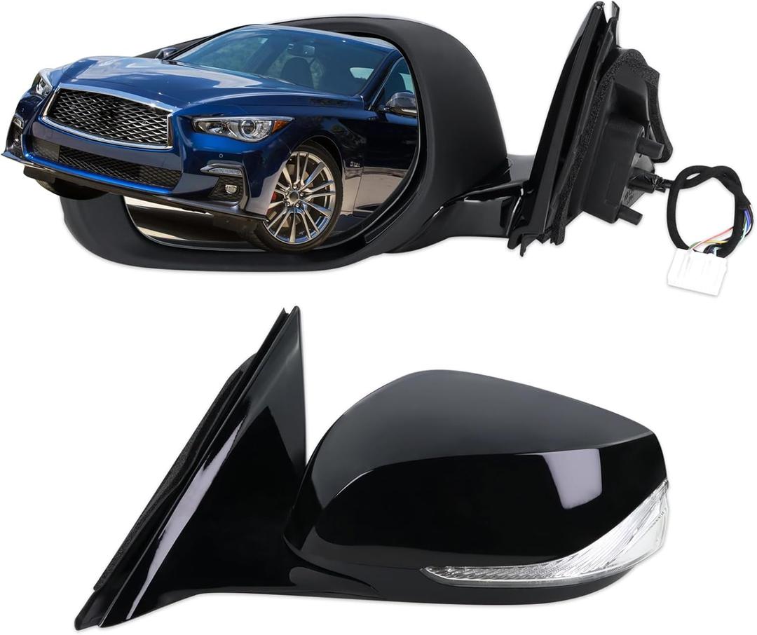 Left Driver Side Mirror Compatible With 2014 2015 2016 2017 2018 2019 2020 2021 Infiniti Q50 With Manual Folding Power Glass Turn Signal Black Replace#963024HB0A(7Pins)