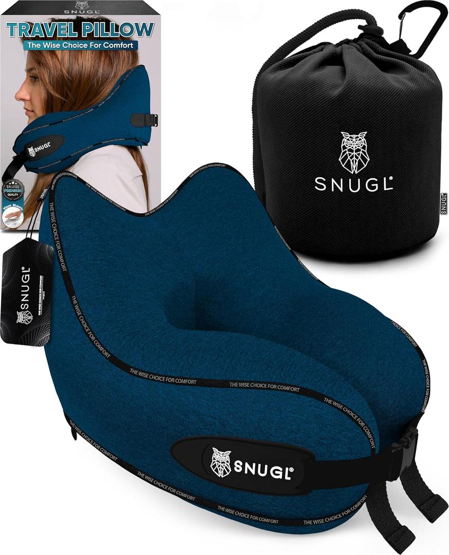 SNUGL Travel Pillow  Memory Foam Pillows - Neck Pillow for Airplane with Carry Bag & Clip  Neck Support Pillows for Pain Relief - Airplane Travel Essentials (Adult Regular - Navy)