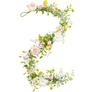 6Ft Easter Peonies Garland, Artificial Easter Egg Garland with White Flowers Peonies Stamens for Indoor Outdoor Home Fireplace Decoration