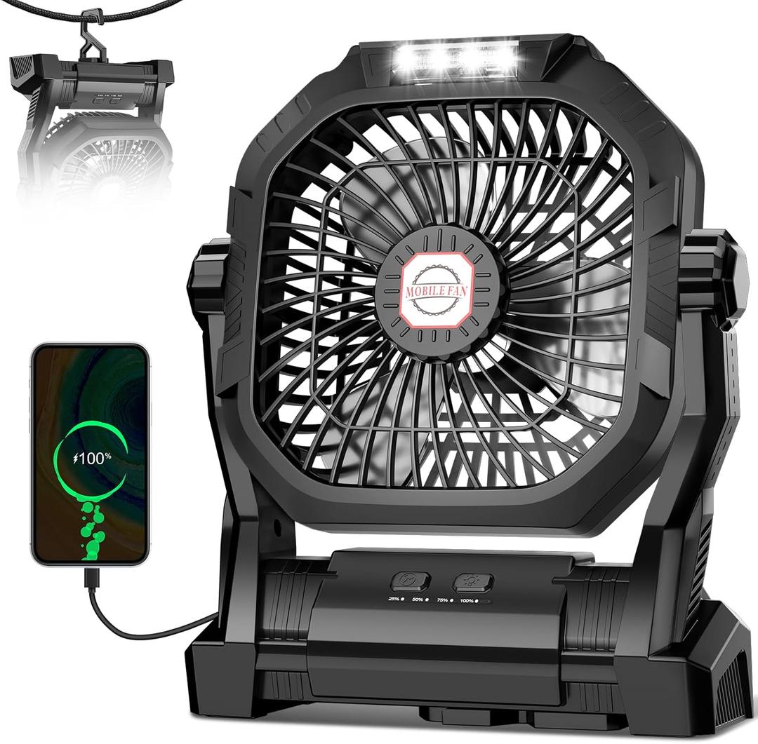 Camping Fan Rechargeable, 20000mAh Battery Powered Portable Fan with LED Light & Hook, 4-Speed 270 Adjustable, Camping Essentials for Tent, Travel, Car, Outdoor, Indoor, BBQ, Fishing, Jobsite (Black)