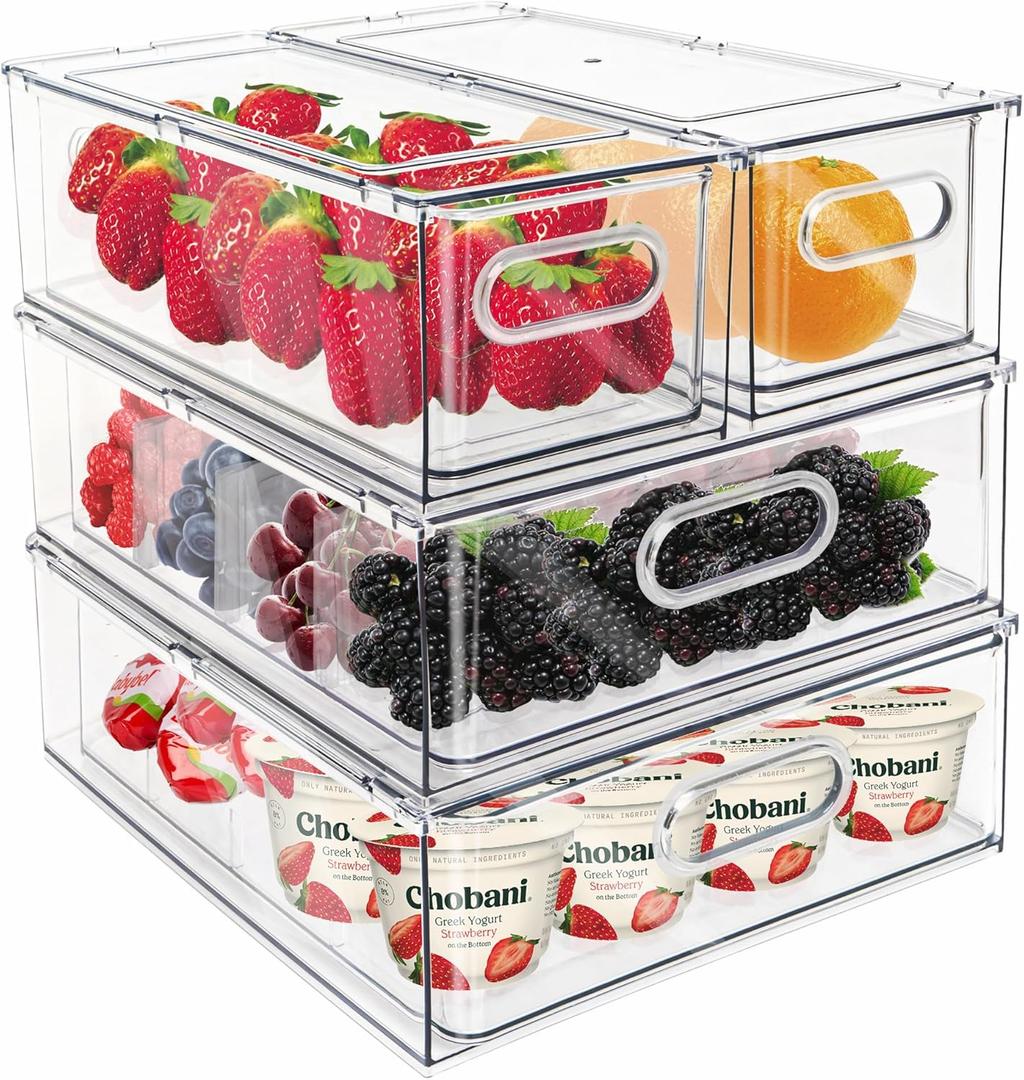 Mano Fridge Drawer Pull Out Stackable Bins with Handle Clear Refrigerator Drawers Organizer Food Storage Container Box with Dividers Plastic Produce Saver for Pantry, Cabinet, Kitchen, Clothes4Pack
