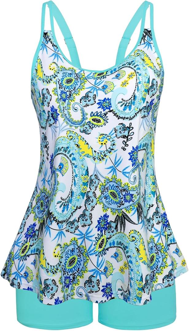 Arolina Tankini Swimsuits for Women Tummy Control Two Piece Bathing Suits Flowy Swim Tops with Boy Shorts (Large, Lake Blue Paisley Printed)