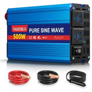 500W Pure Sine Wave Power Inverter DC 24V to 110V AC Converter with LCD Display, Battery Clamps & Cigarette Lighter Plug, Car Inverter with Dual AC Outlets for Vehicles RV Truck Camping Laptop CPAP