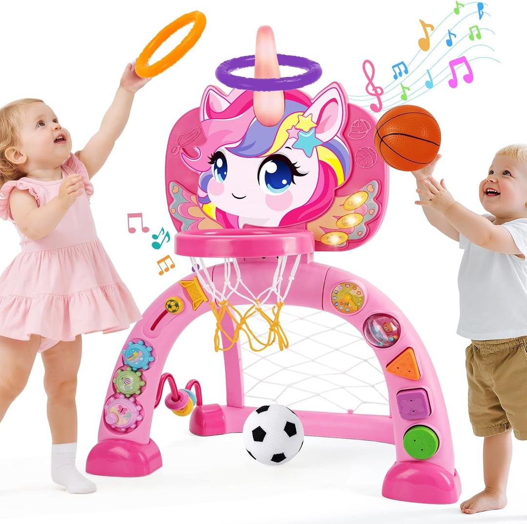 AONTESS Toddler Basketball Hoop & Soccer Goal: Activity Center with Ring Toss – Unicorn Sports Play Set | Toys for Baby Toddlers 1218 Months & Boys Girls Ages 13 | Indoor Outdoor Birthday
