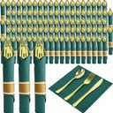 Pre Rolled Gold Plastic Silverware with Green Napkins, 100Pac Rolled Cutlery with Green Dinner Napkin, Heavy Duty Gold Plastic Silverware, Disposable Cutlery with Christmas Napkins