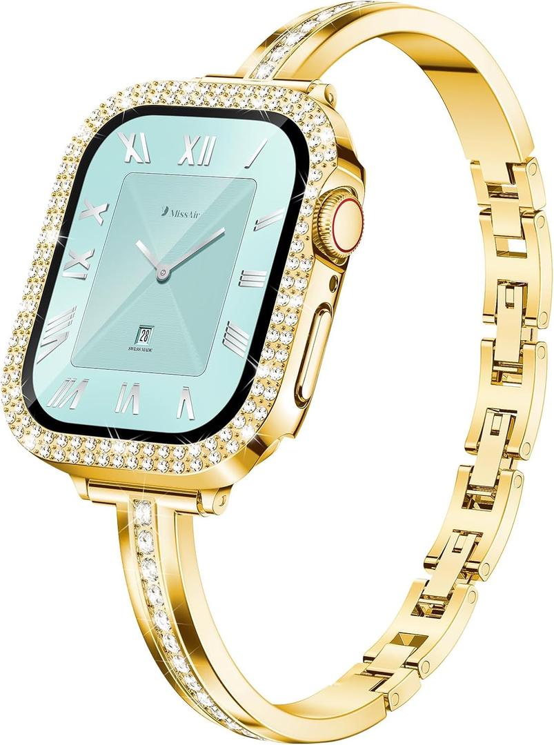 Missair Bands Compatible for Apple Watch Band 40mm 41mm 44mm 45mm with Screen Protector Case, Slim Metal Dressy Jewelry Bracelet Strap with Bling Diamond Cover for iWatch Series 9 8 7 6 5 4 for Women (Gold)