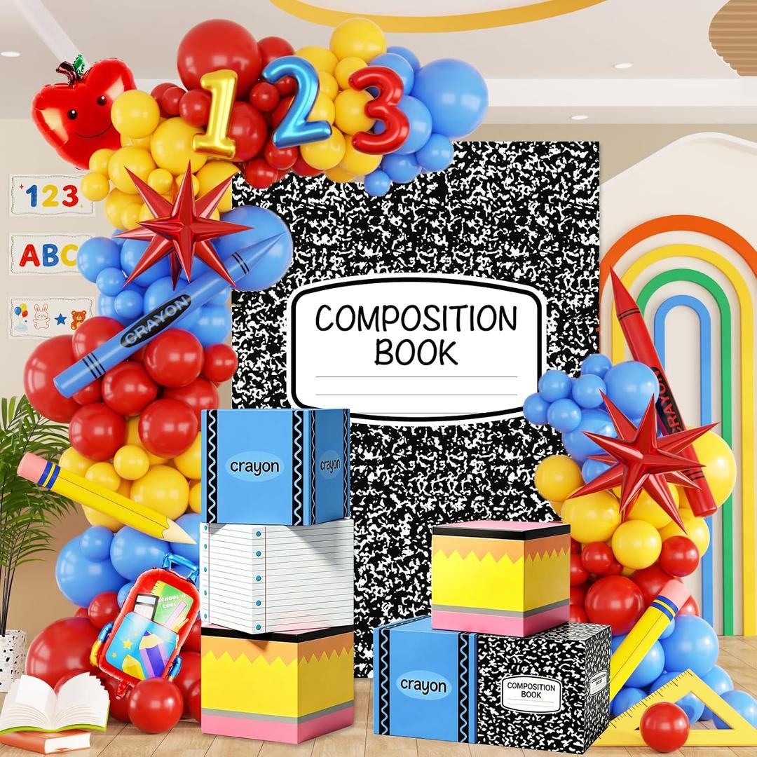 Back To School Decorations, Back to School Balloon Arch Kit with Composition Notebook Classroom Decor Backdrop Abc Boxes and Inflatable Pencils and Crayons for First Day of School Party Supplies