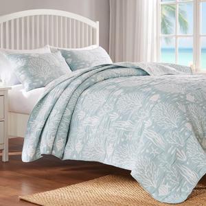 Greenland Home Coastal Paradise Reversible Matelass Coverlet Quilt Set, 3-Piece King/Cal King, Marina Seafoam