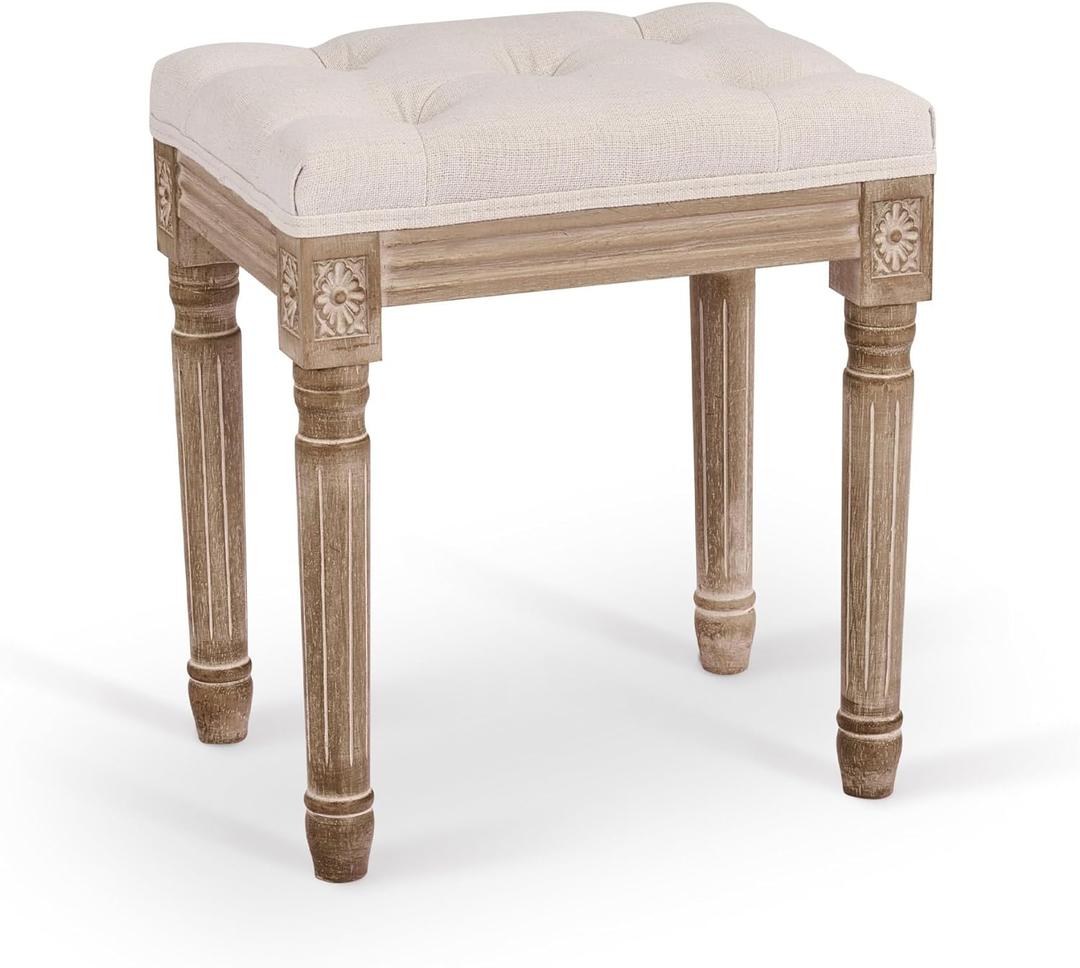 VONLUCE Ottoman Stool, Length: 15.7 inch, Width: 11.8 inch, Height: 18.5inch, Beige, with Padded Seat, Wood Frame, Button Tufted, for Dining, Living Room, Bedroom, Piano, Dressing, Vanity, Foot Rest