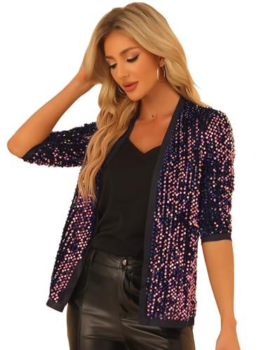 Allegra K Women's Sequin Cardigan 3/4 Sleeve Open Front Velvet Sparkle Jacket Party Glitter Blazer Small Blue Purple, Size S