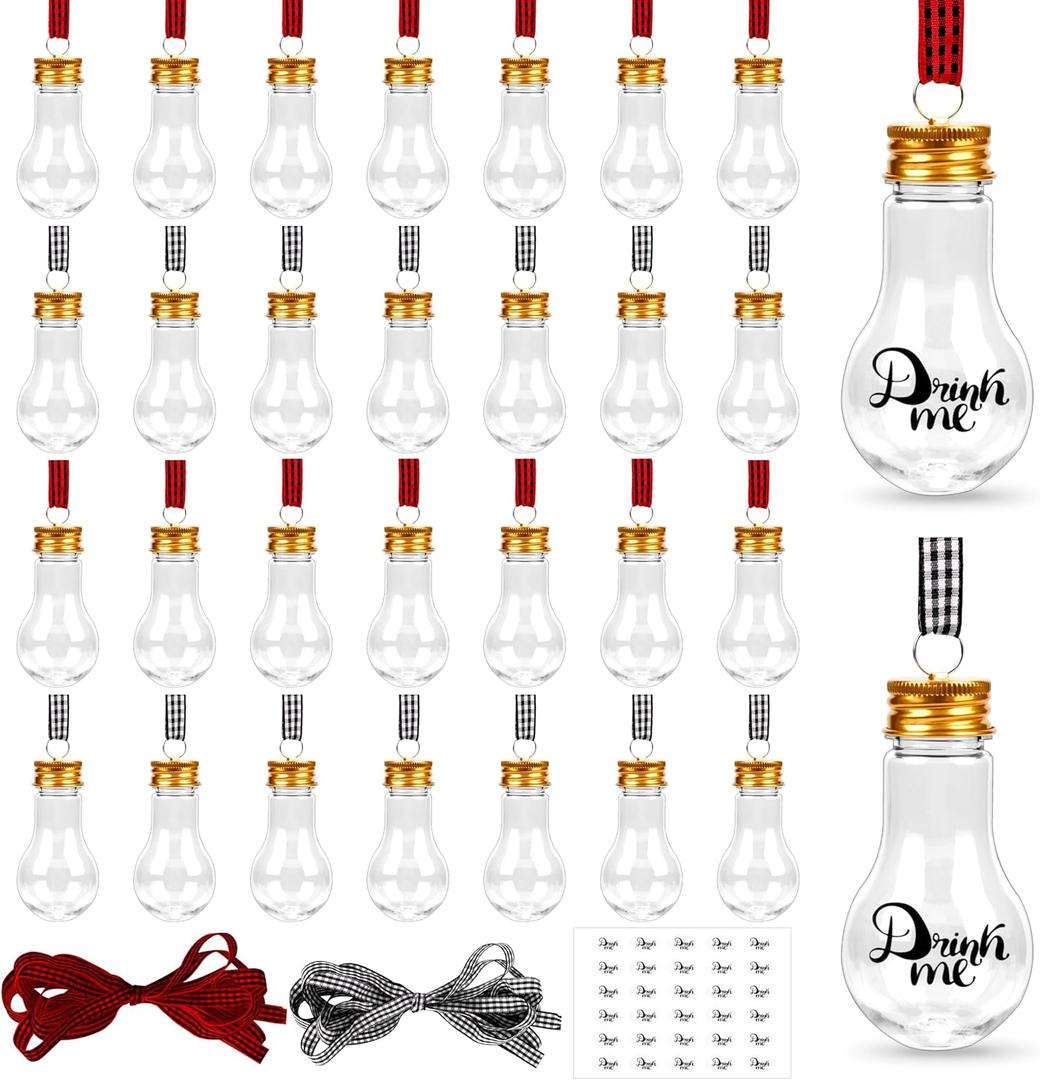 32 Pack Christmas Booze Balls, Fillable Christmas Tree Hanging Ornaments Clear Plastic Water Bottle Bulbs Pendant Ball with Plaid Ribbon and Stickers for Xmas Home Party Decor (Bulb)