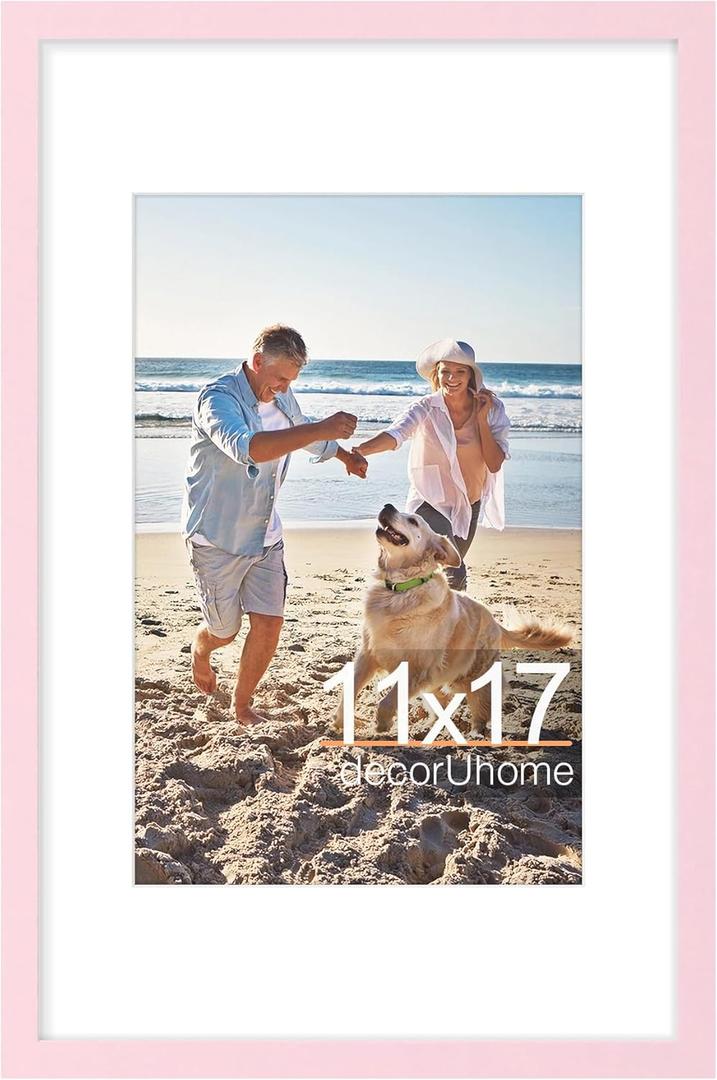 decorUhome 11x17 Picture Frame, Display Pictures 8x12 with Mat or 11x17 without Mat, Wall Hanging Poster Frame, Pink, 1 Pack